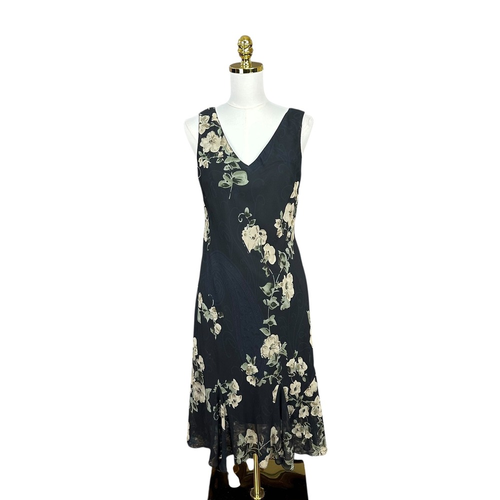 Y2K Fairycore Whimsigoth Floral Paisley V-Neck Sleeveless Midi Dress Blue SZ 12